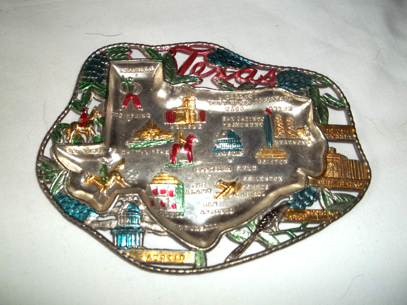 Vintage TEXAS state map tray metal ashtray trinket dish souvenir Colorful