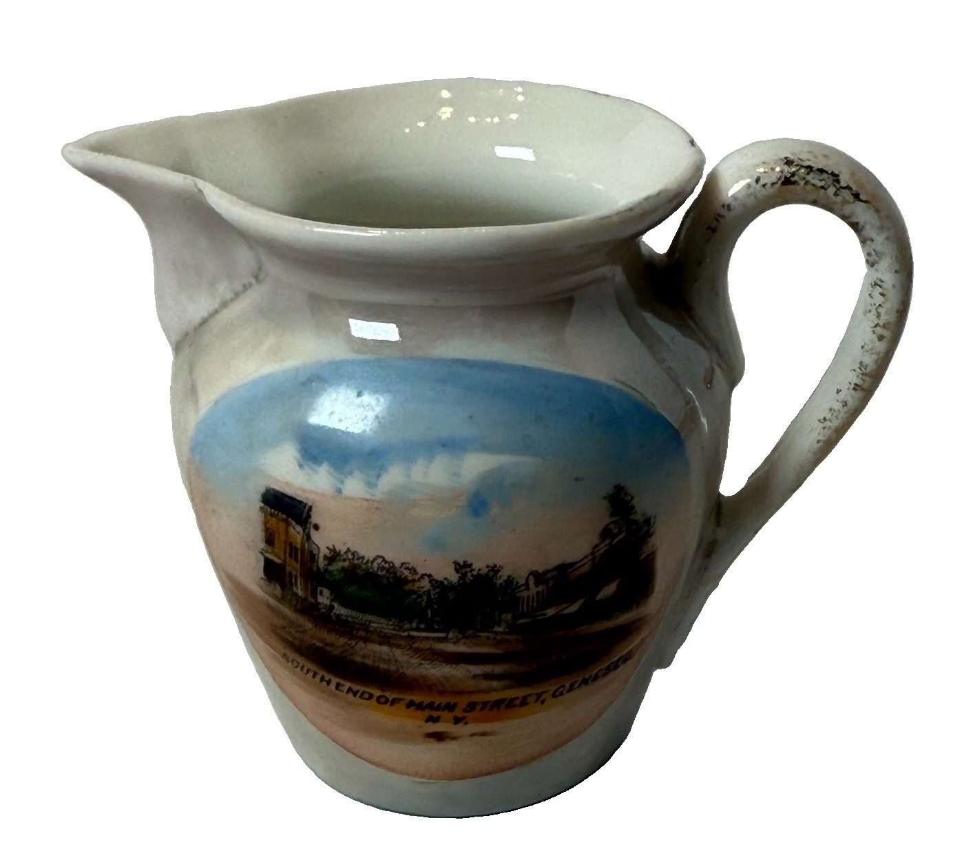 GENESEO NY NEW YORK Souvenir Porcelain MAIN STREET Trinket Gold Creamer