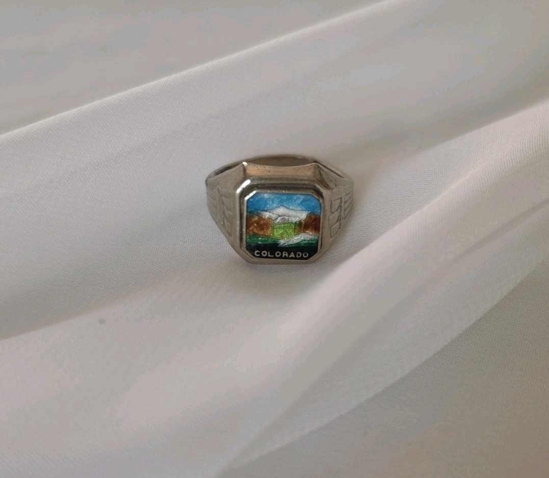 1930s Colorado Souvenir Ring Guilloche Enamel Rocky Mountains Adjustable