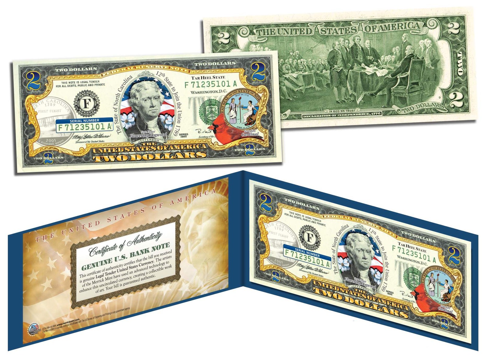 NORTH CAROLINA $2 Statehood NC State Two-Dollar U.S. Bill *Legal Tender* w/Folio