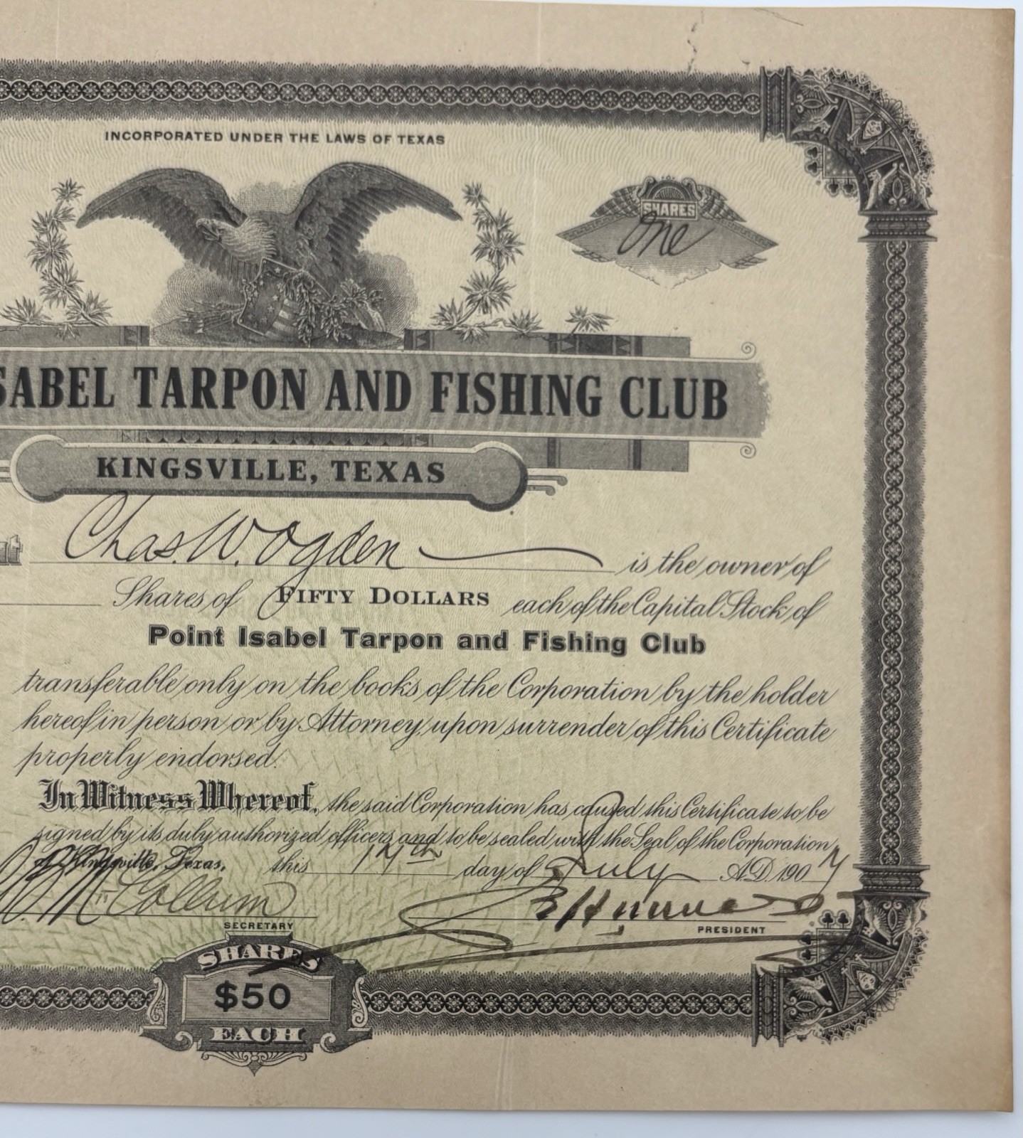 1907 Point Isabel Tarpon Fishing Club Stock Certificate Queen Isabel Inn Kleberg