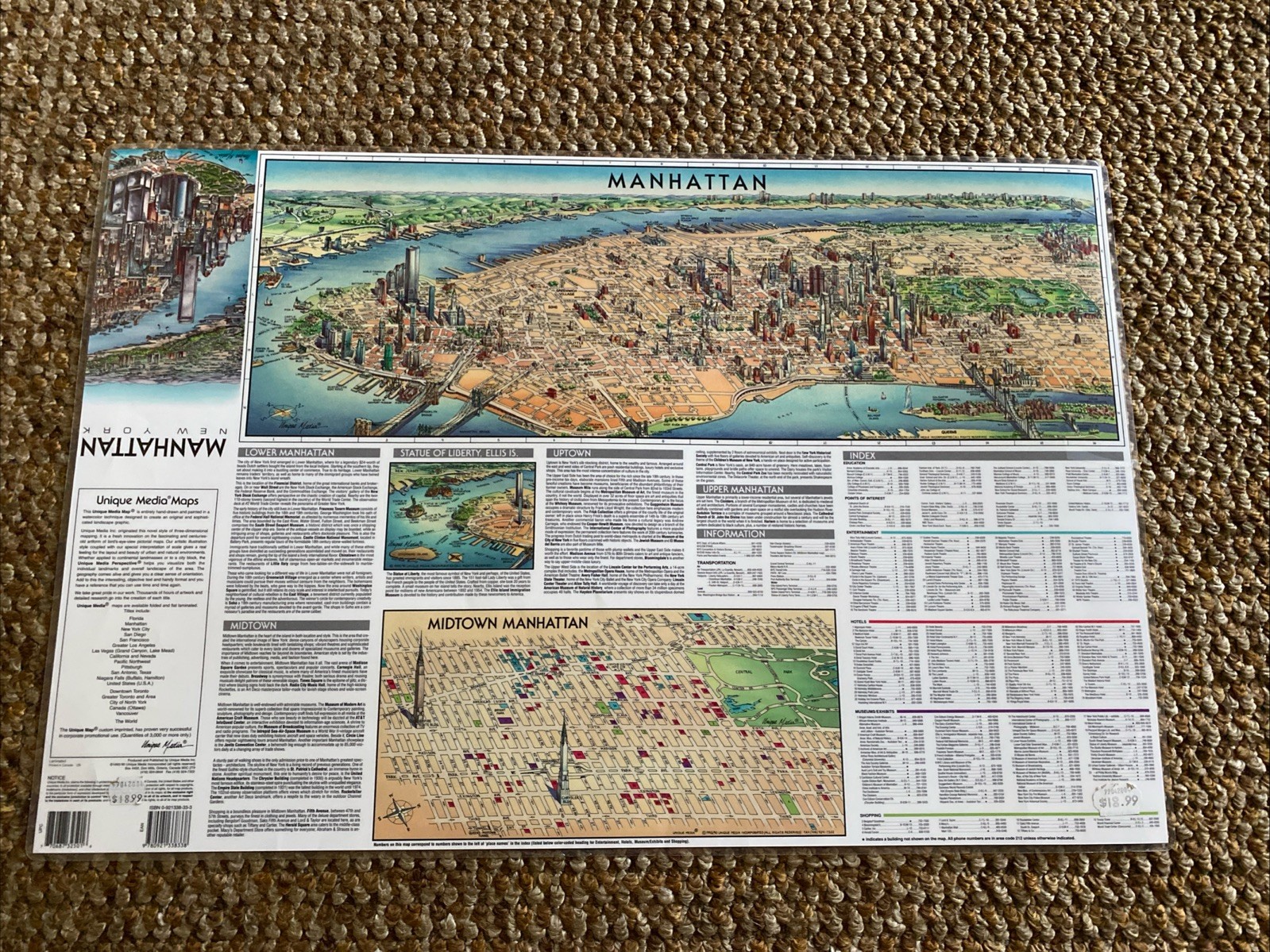 Vintage NY Art Manhattan Map w/Twin Towers Laminated 1993 Unique Media