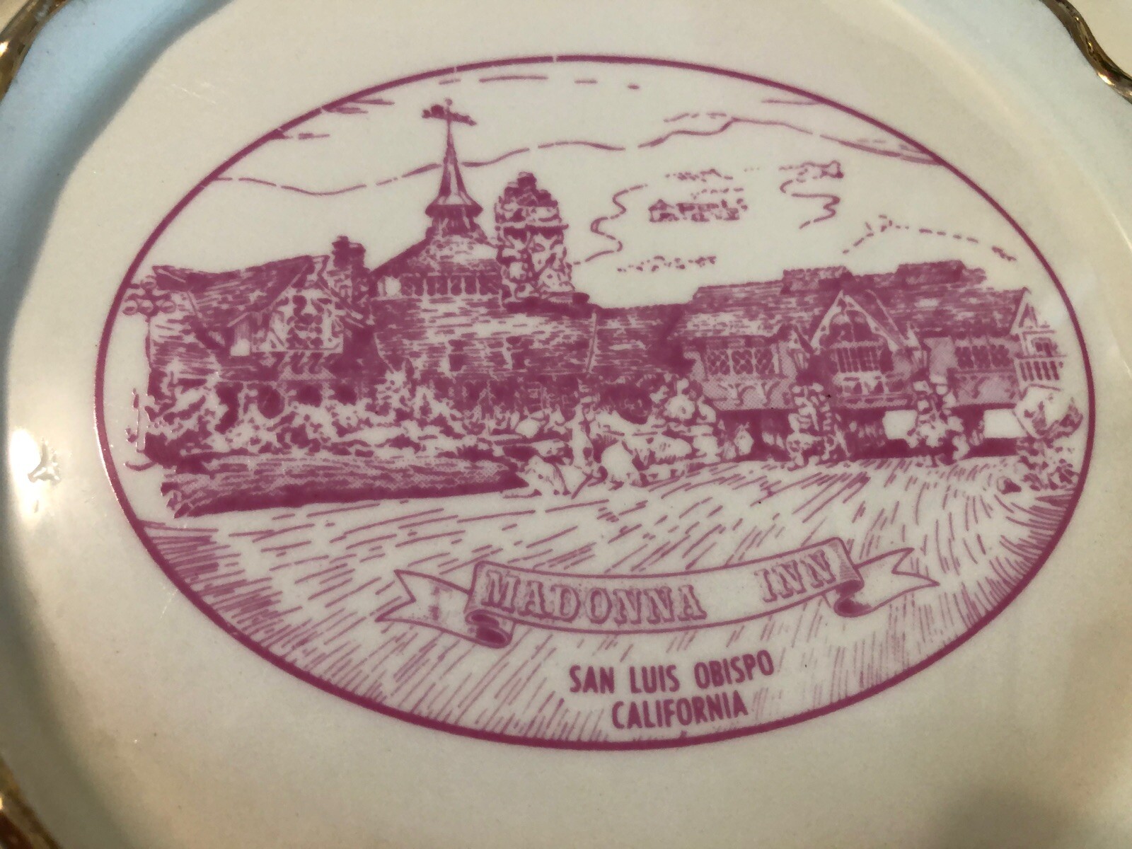 Vtg Madonna Inn Ceramic Ashtray Trinket Dish Gold Edges San Luis Obispo CA Hotel