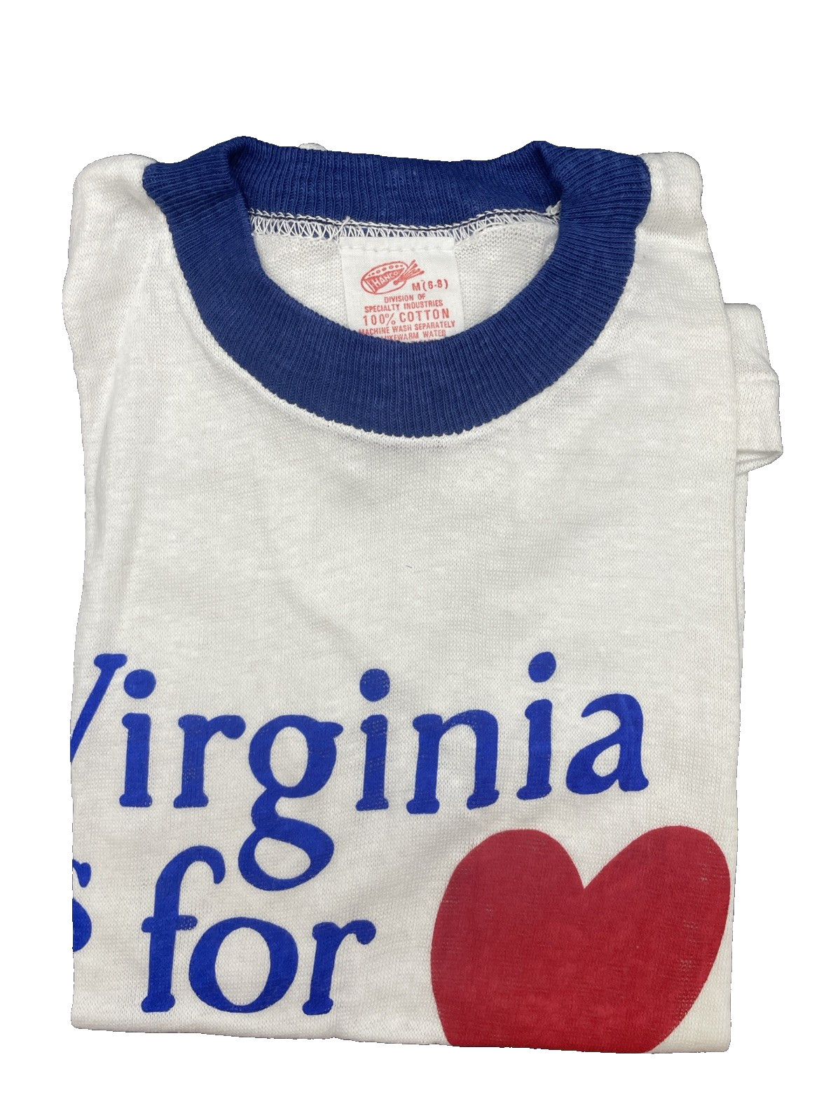 Vintage 70s Virginia Is For Lovers Blue Ringer T-Shirt Deadstock Hanco Kids 6-8