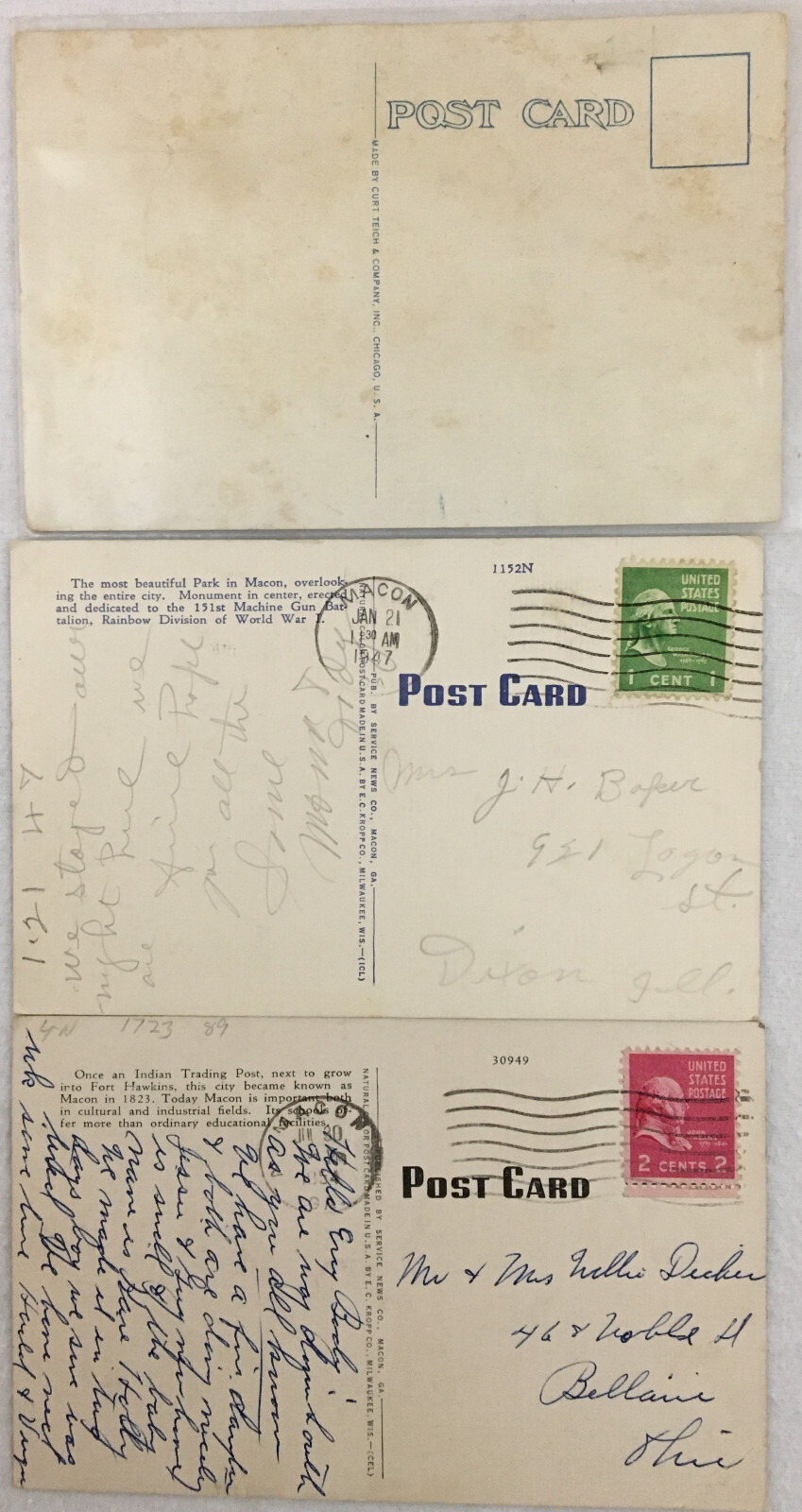Lot of 3 Vintage Linen Color Postcards Macon GA 2 Circulated Stamped 1 Unused