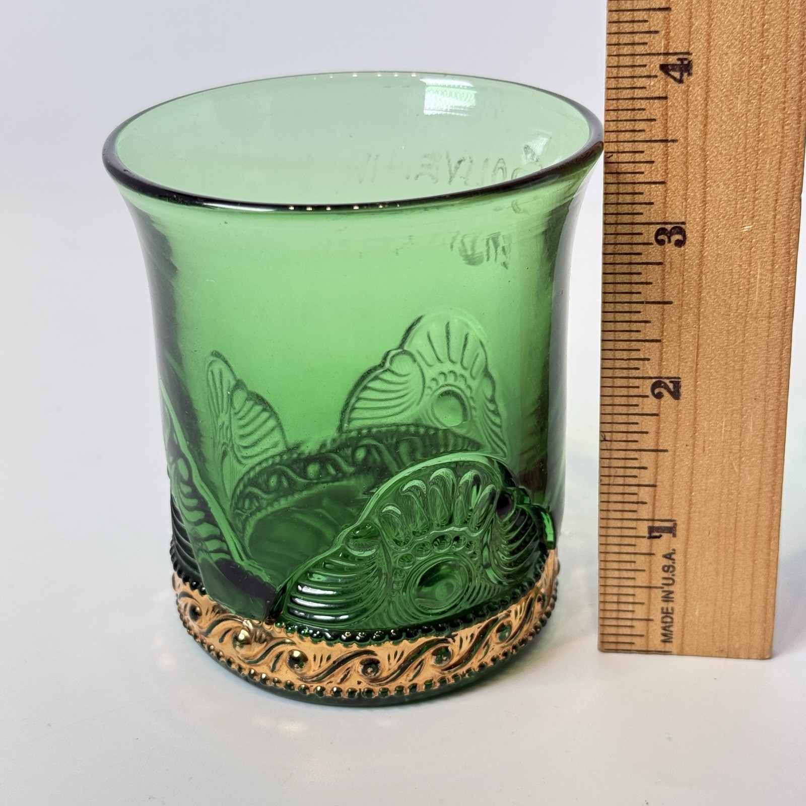READING MICHIGAN MI Antique Depression Glass Souvenir TRINKET GREEN GOLD MUG CUP