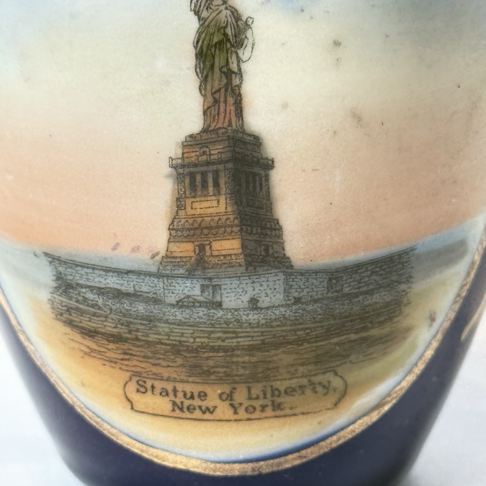 STATUE OF LIBERTY NY NEW YORK Souvenir Porcelain Trinket ANTIQUE COBALT