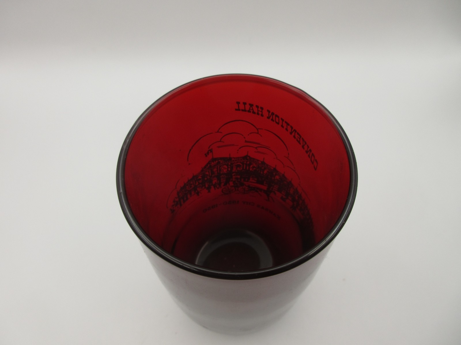Vtg Ruby Red Glass Tumbler Conventional Hall Kansas City MO 1850-1950 Historical