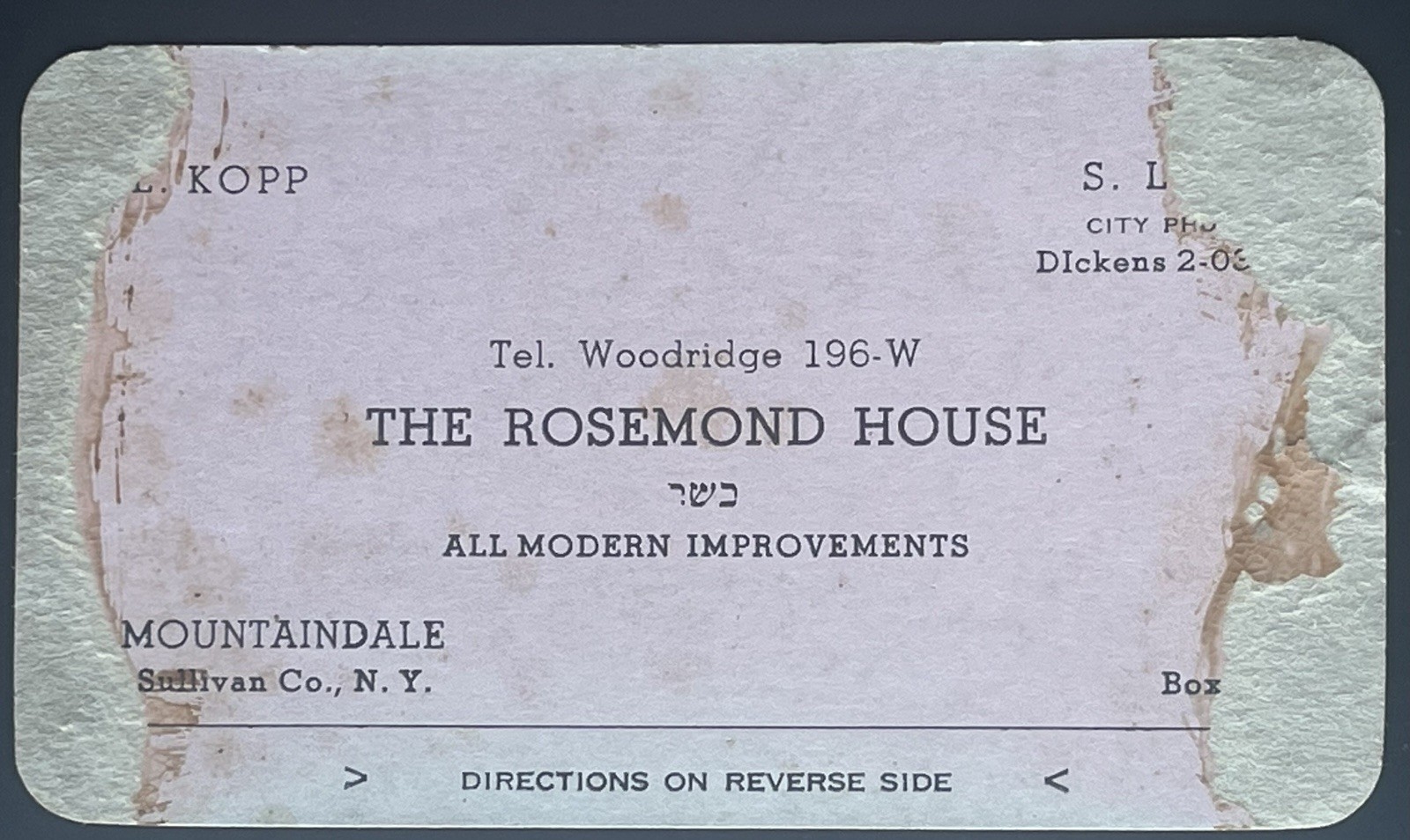 1940’s Jewish Resort Business Card Borscht Belt – The Rosemond House