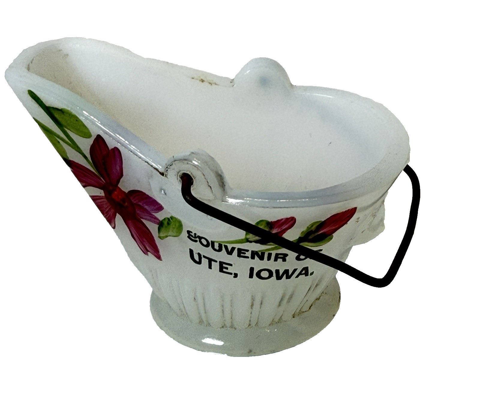 UTE IOWA IA Antique MILK WHITE Depression Glass Souvenir TRINKET COAL BUCKET
