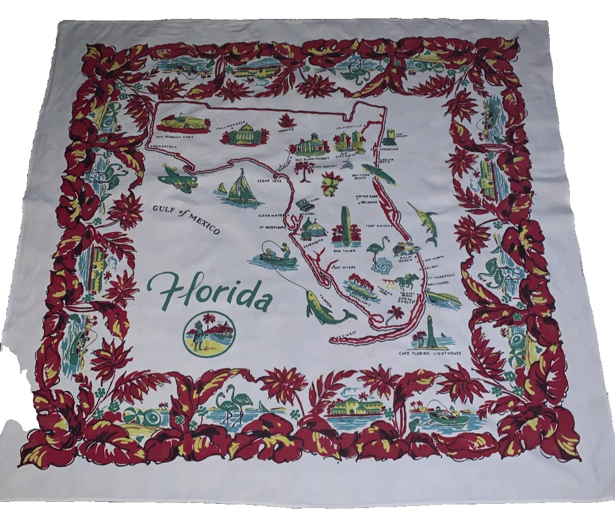 Florida Map Tablecloth 1950s 48 x 50″ Bright Colors Vintage Pre Disney Startex