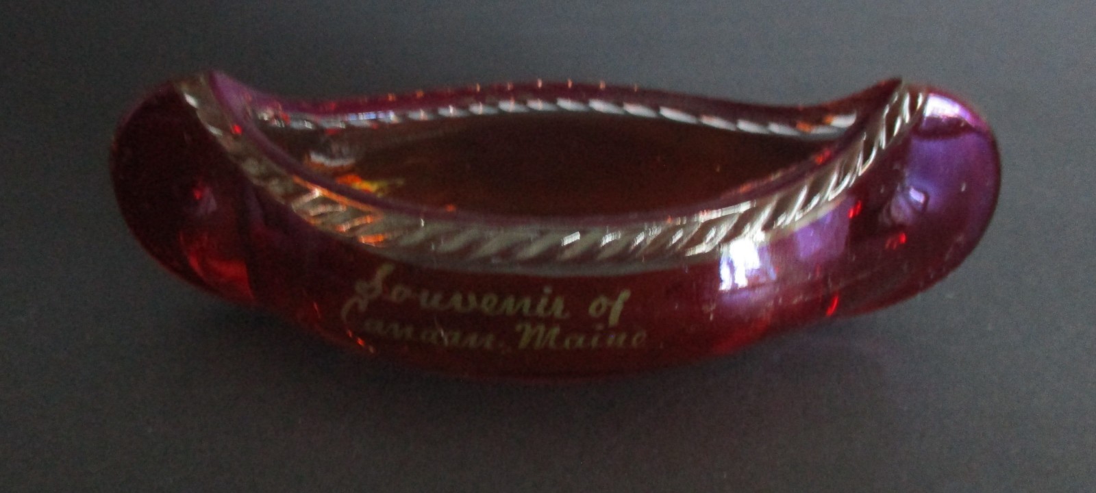 Early 20th Century Souvenir EAPG Ruby Stained Glass Canoe Canaan Maine