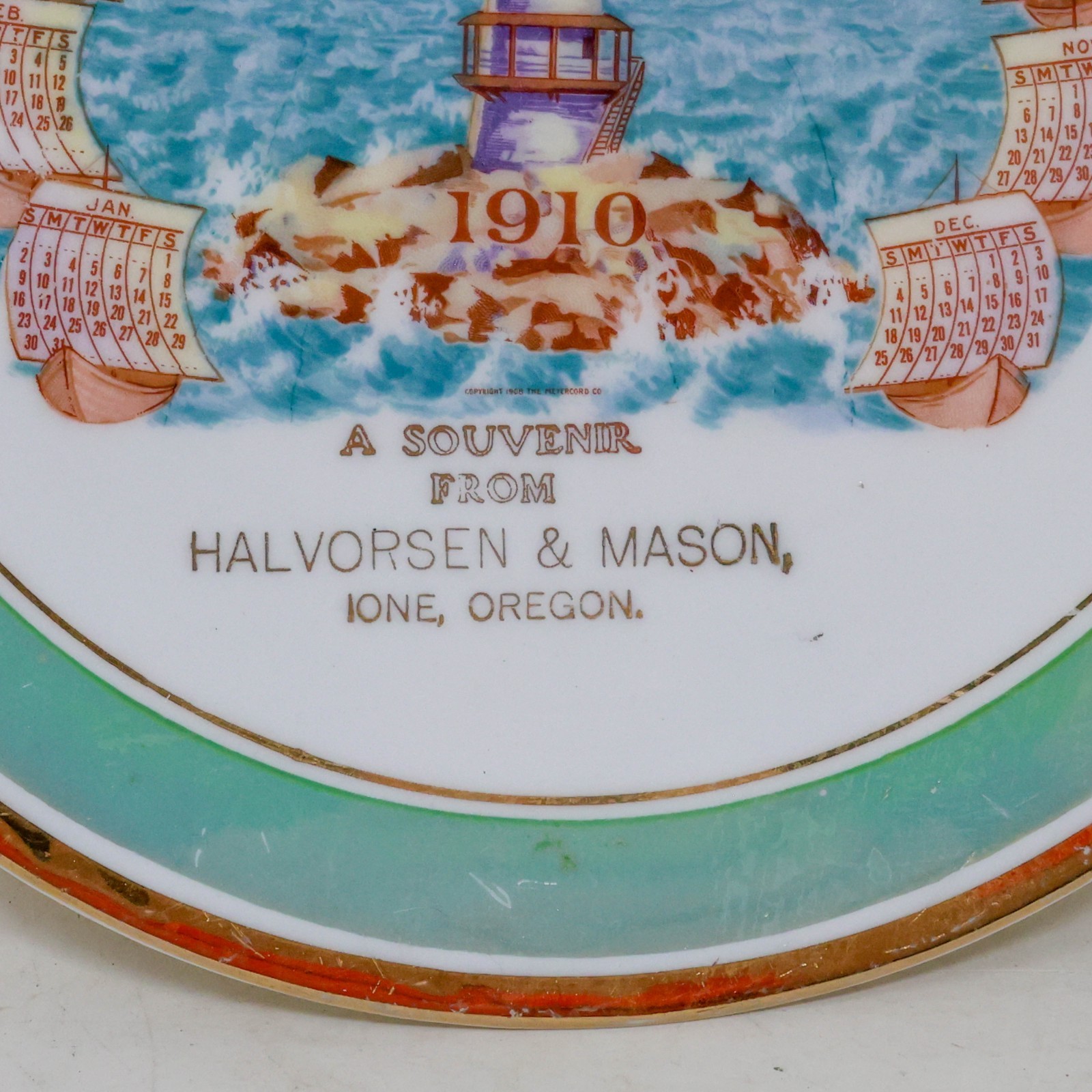 Antique 1910 Advertising Calendar Plate Ione Oregon Lighthouse Halvorsen & Mason