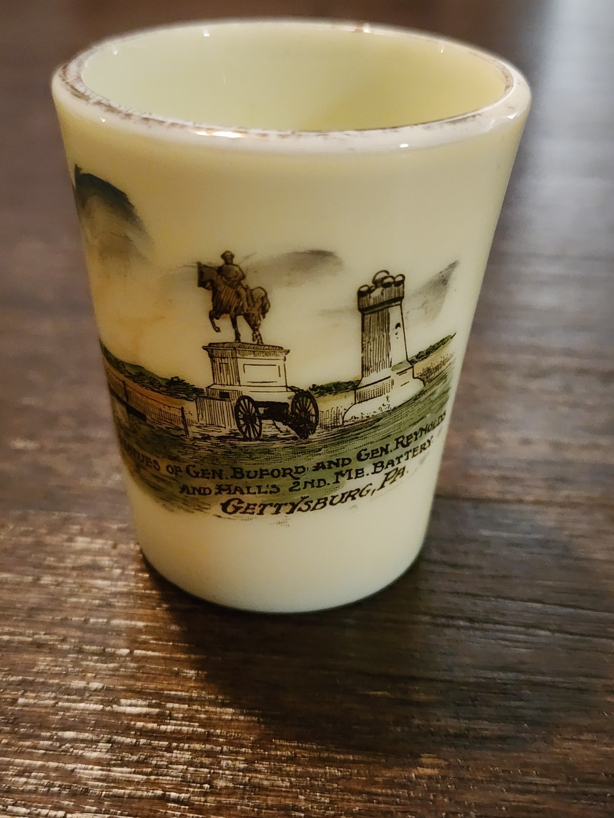 Statues Of Generals Buford Etc. Custard Glass Cup Souvenir -GETTYSBURG PA 2.5″