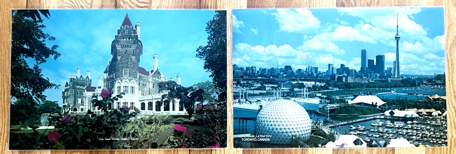 2 LANDMARK PHOTO PLACEMATS FROM TORONTO,CANADA~CASA LOMA & CN TOWER 1979