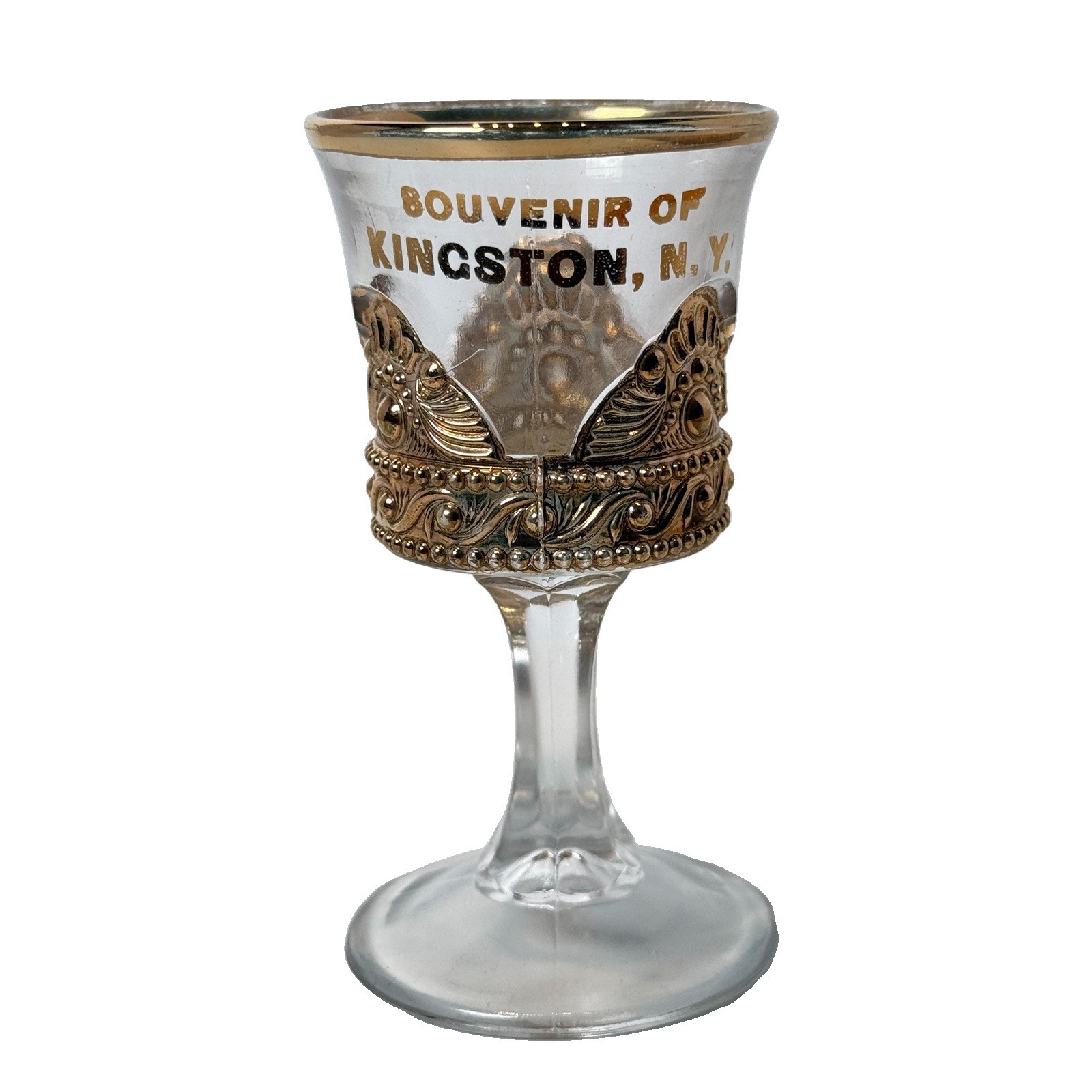 KINGSTON NY NEW YORK ANTIQUE Souvenir Glass TRINKET CLEAR GOLD CUP GOBLET