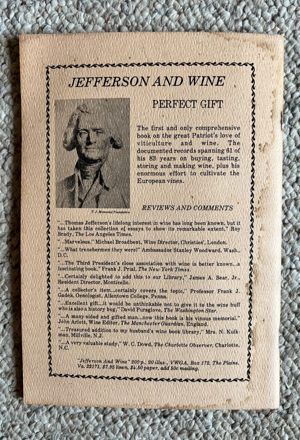 Jefferson & Wine Vinifera Wine Growers Association 1977 The Plains Virginia VA
