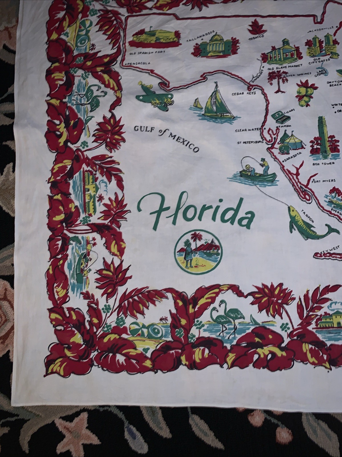 Florida Map Tablecloth 1950s 48 x 50″ Bright Colors Vintage Pre Disney Startex