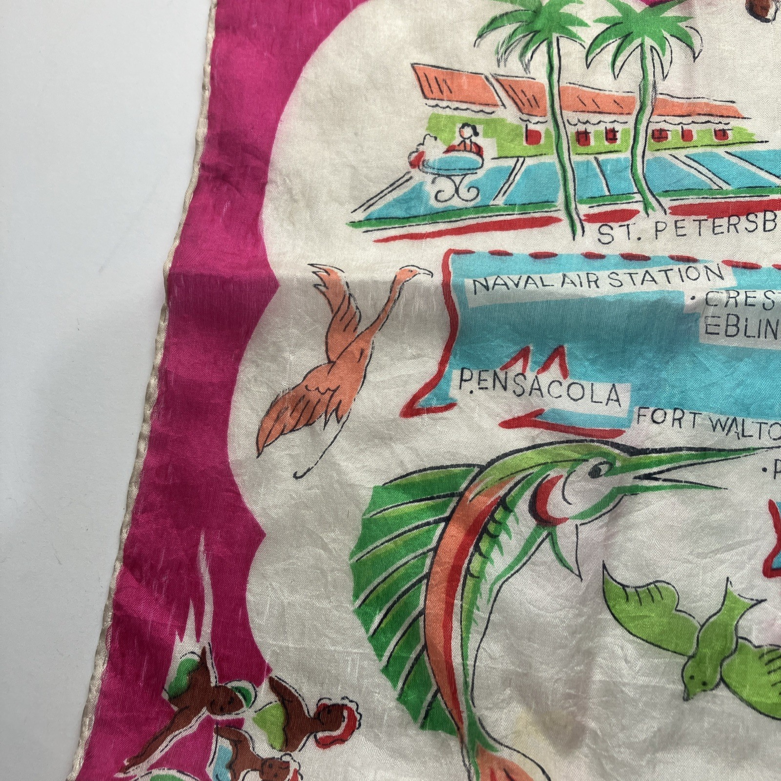 Vintage FLORIDA Map Souvenir Sheer Pink Scarf Hair wrap bandana flamingos