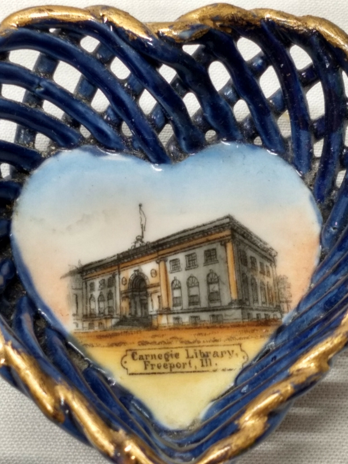 Dresden FREEPORT IL CARNEGIE LIBRARY Cobalt Blue Illinois Souvenir Pierced HEART