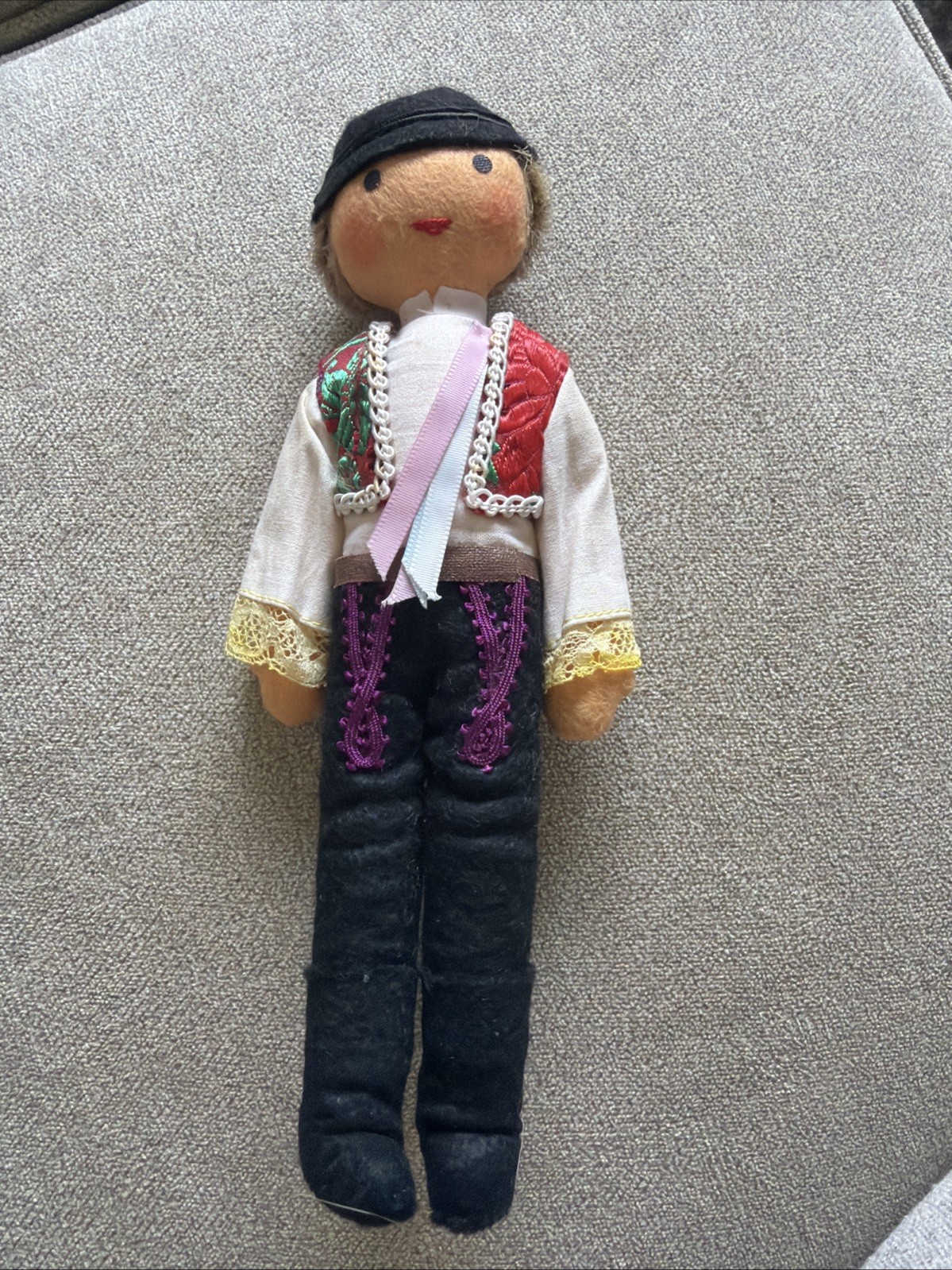 Vintage Cultural Souvenir Cloth Felt DOLL Red Vest Wire Frame Eastern Europe 8”