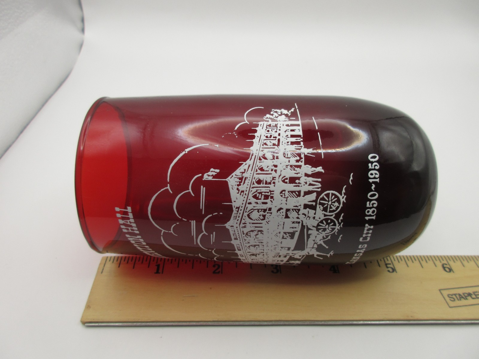 Vtg Ruby Red Glass Tumbler Conventional Hall Kansas City MO 1850-1950 Historical