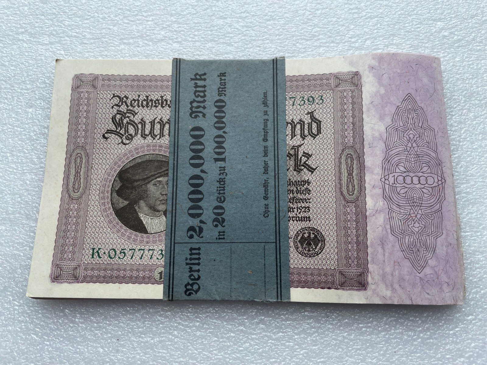 1923 ORIGINAL BUNDLE OF 20 100,000 GERMAN MARKS UNCIRCULATED CONSECUTIVE BANK