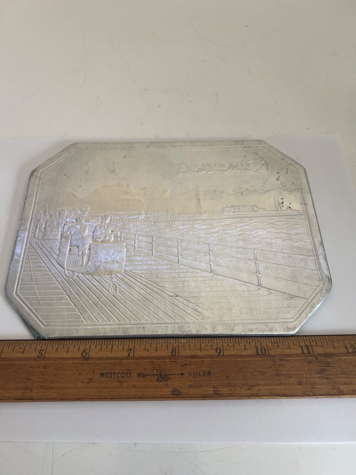 VINTAGE ATLANTIC CITY 1930’s STEEL PIER BOARDWALK EMBOSSED SILVER FOIL TRIVET