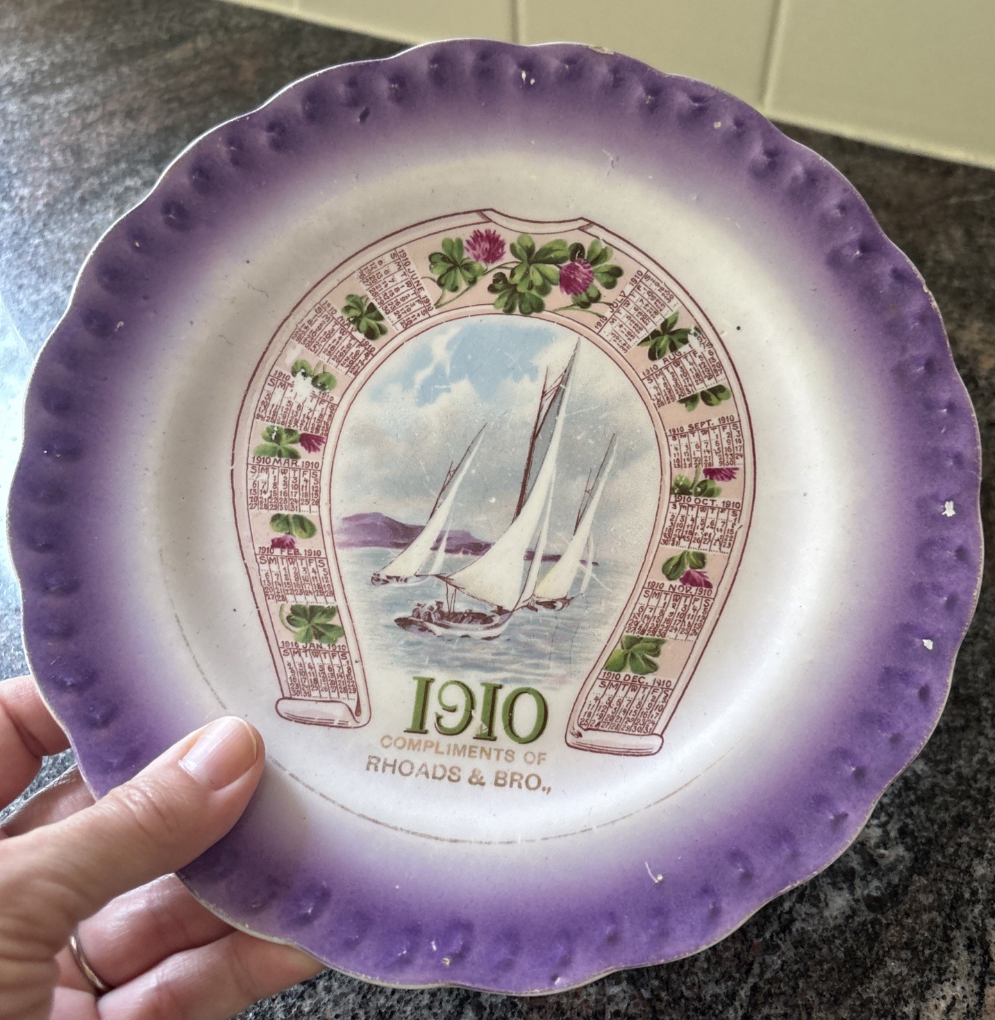Vintage 1910 Calendar Plate Rhoads & Bro. Carnation McNicol Purple Horseshoe PA
