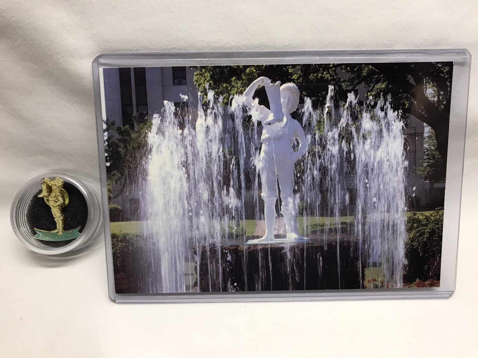 1995 Boy With The Boot 100th Ann Pin + PC Washington Park Fountain Sandusky Ohio