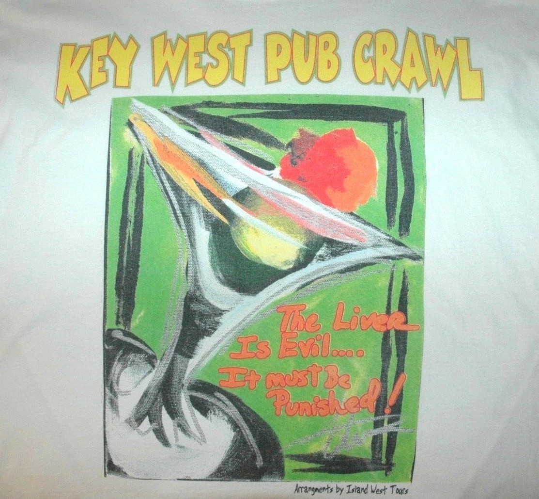 KEY WEST PUB CRAWL T SHIRT Rare Tee FLORIDA KEYS Artwork ART Tourist COLORFUL