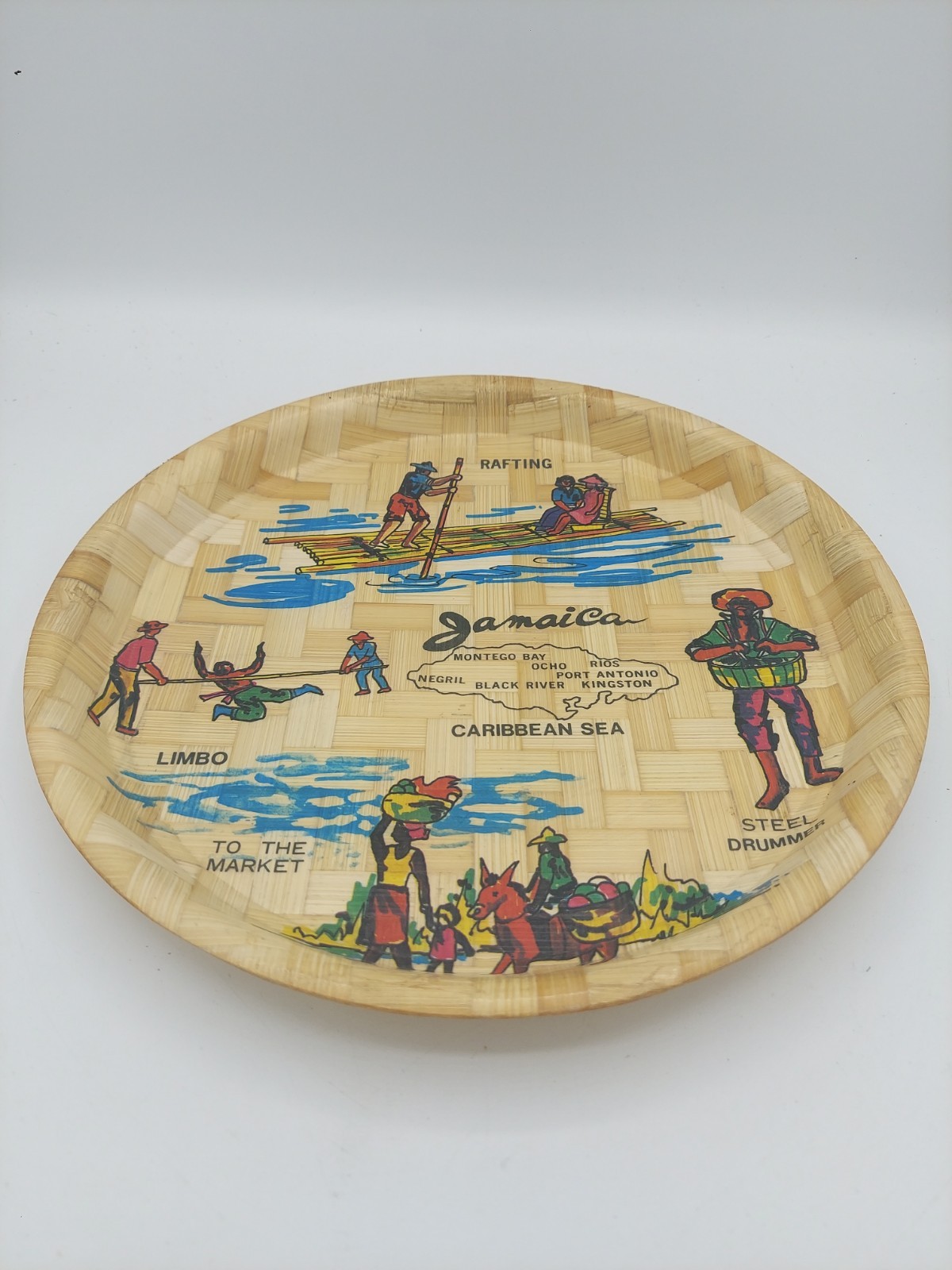 Jamaica Souvenir Bamboo Plate, Depicts Rafting Limbo Steel Drummer, 11″ Round