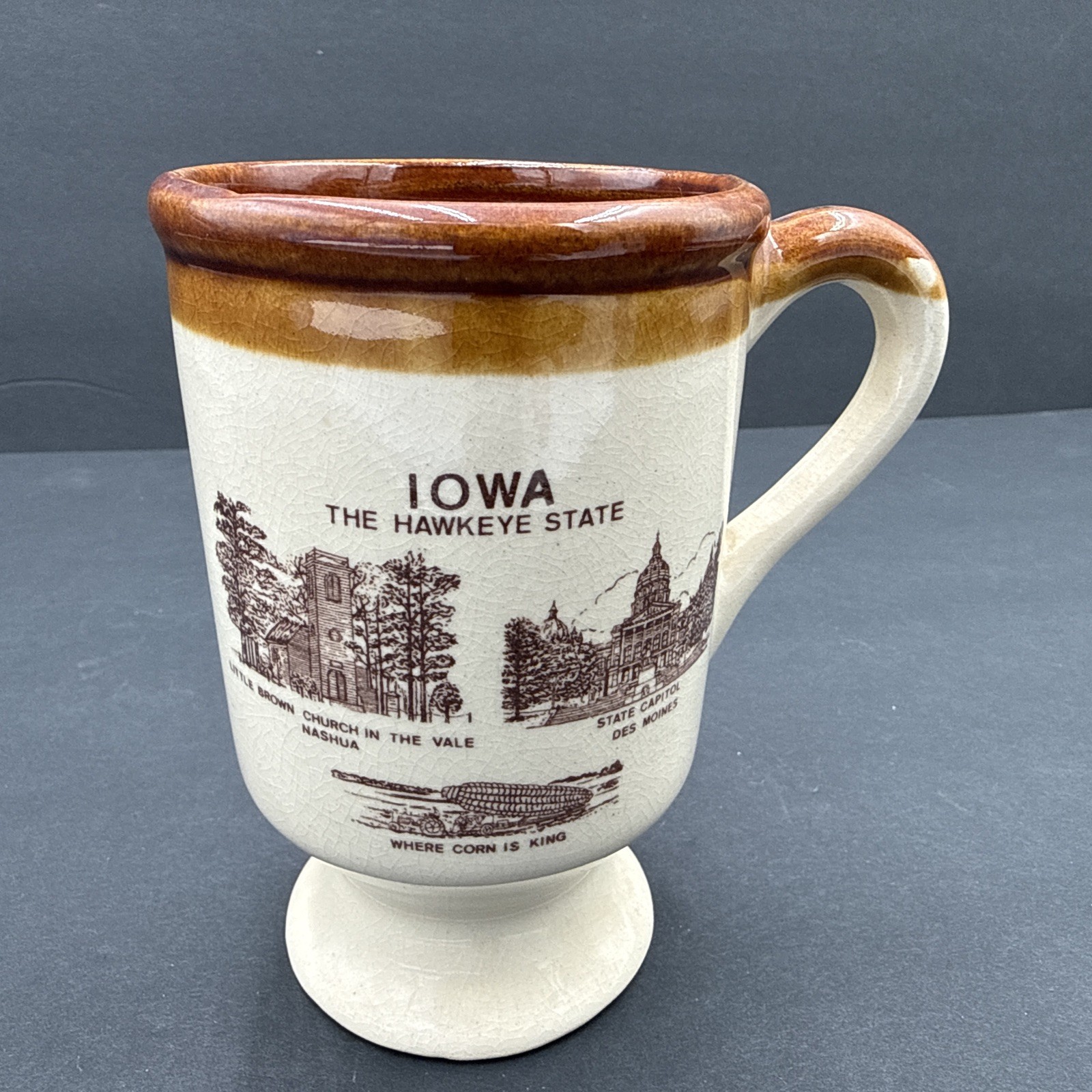 Vtg Iowa Souvenir Footed Coffee Mug Cup The Hawkeye State Brown Scenic