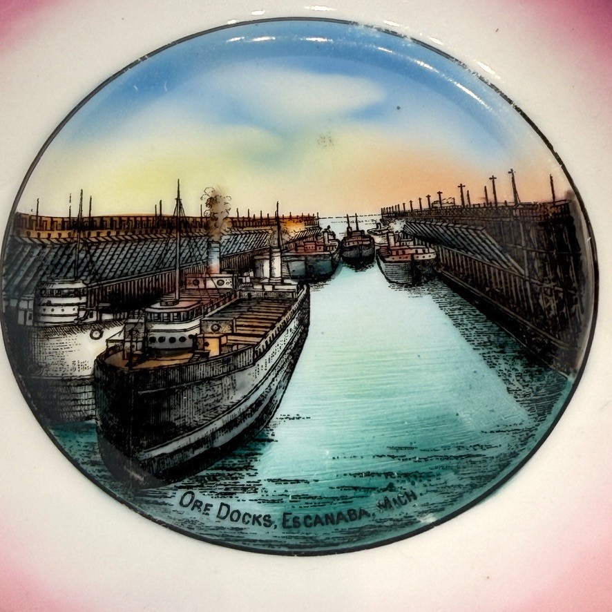 ESCANABA Ore Docks MICHIGAN MI Antique Souvenir China TRINKET DISH PLATE