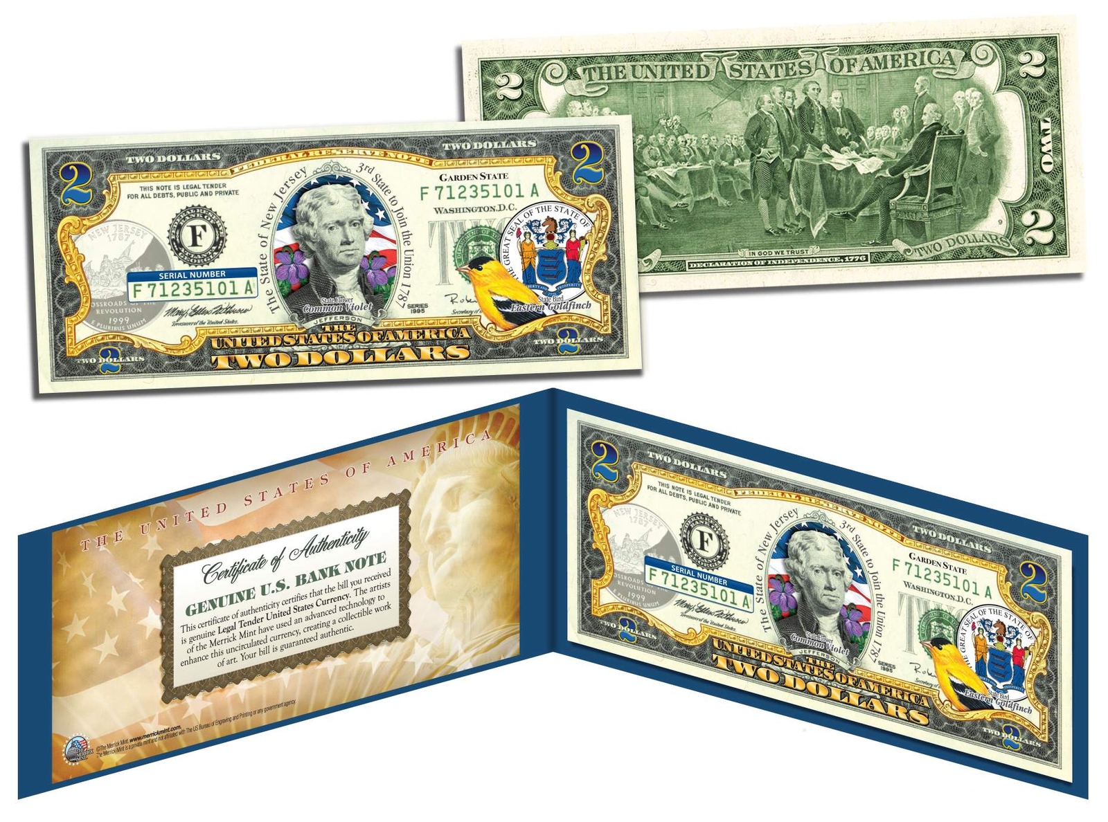 NEW JERSEY $2 Statehood NJ State Two-Dollar U.S. Bill *Legal Tender* with Folio