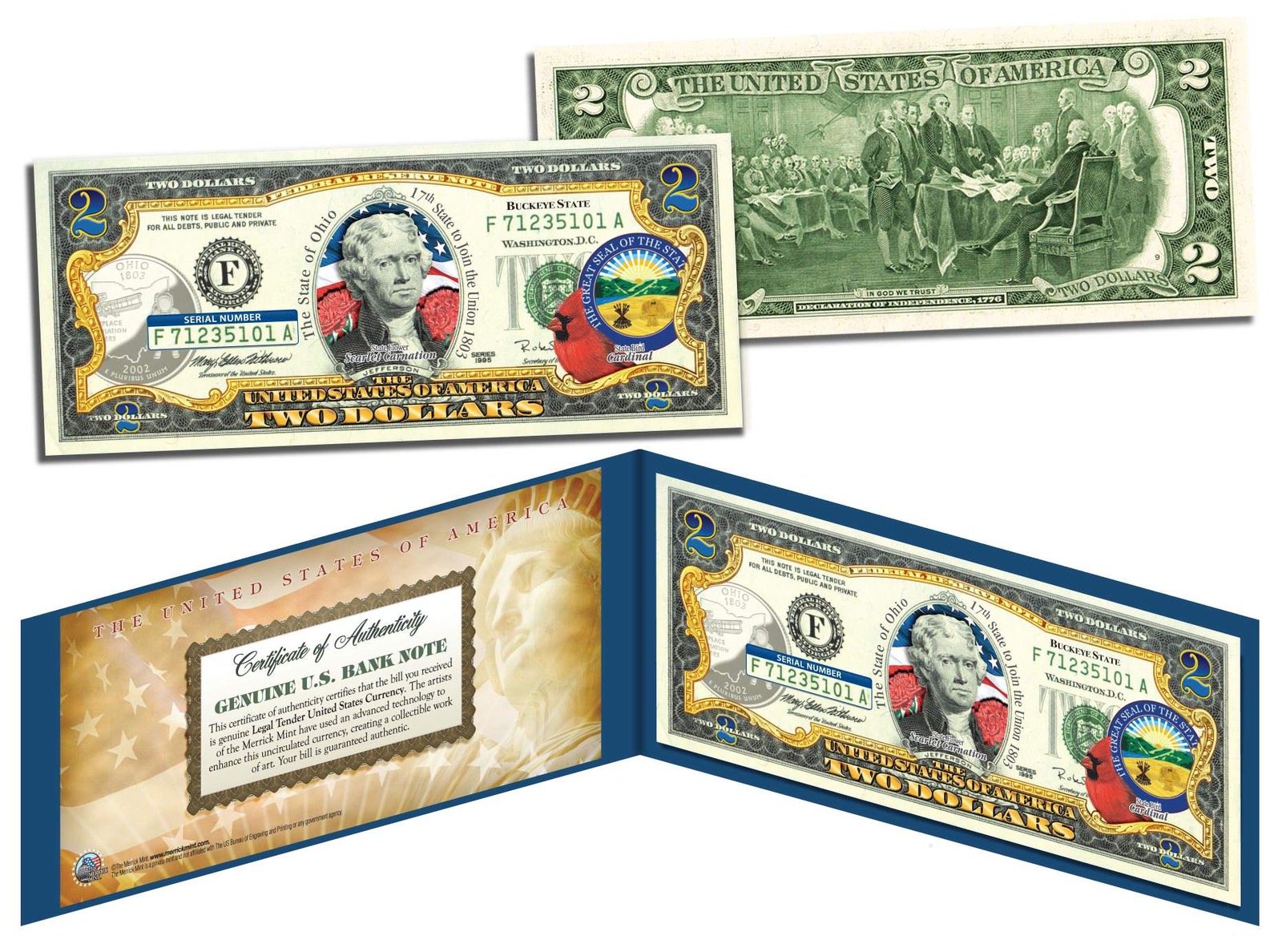 OHIO $2 Statehood OH State Two-Dollar U.S. Bill *Genuine Legal Tender* w/Folio
