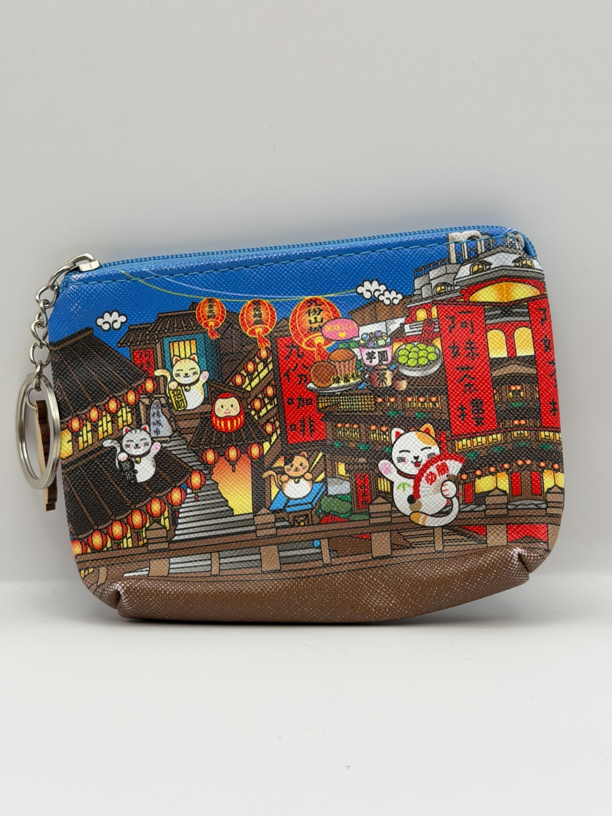 Taiwan Souvenir Jiufen Night Scene Lucky Cat Coin Purse Pouch Keychain
