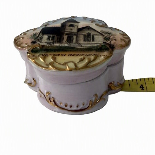 Early 1900s Henry Illinois Presbyterian Church Souvenir Trinket Box Lid Wheelock