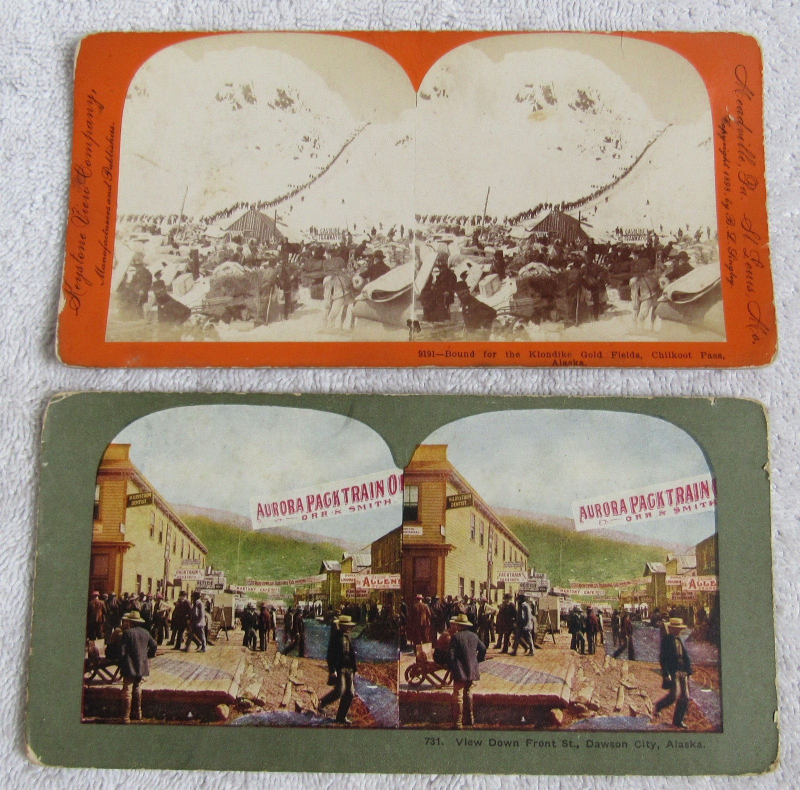2 Real Photo Photograph & Lithograph Chilkoot & Dawson Alaska Stereoview Cards