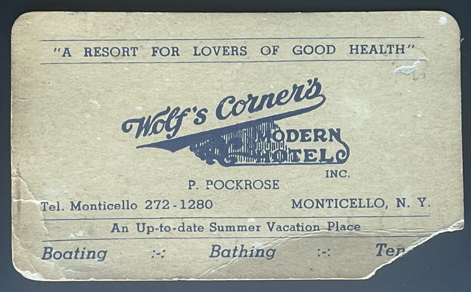1940’s Jewish Resort Business Card Borscht Belt – Wolf’s Corner’s Modern Motel