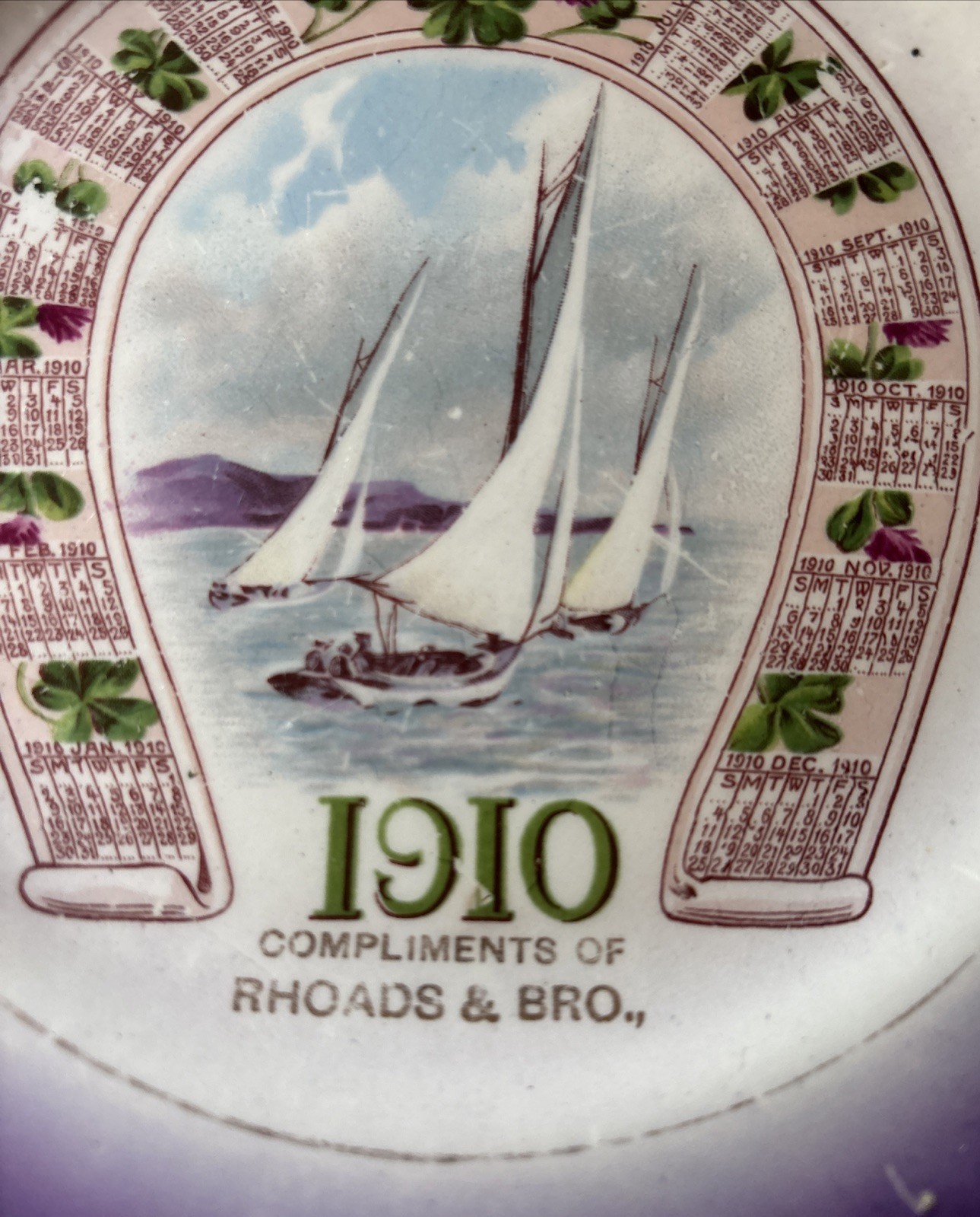 Vintage 1910 Calendar Plate Rhoads & Bro. Carnation McNicol Purple Horseshoe PA