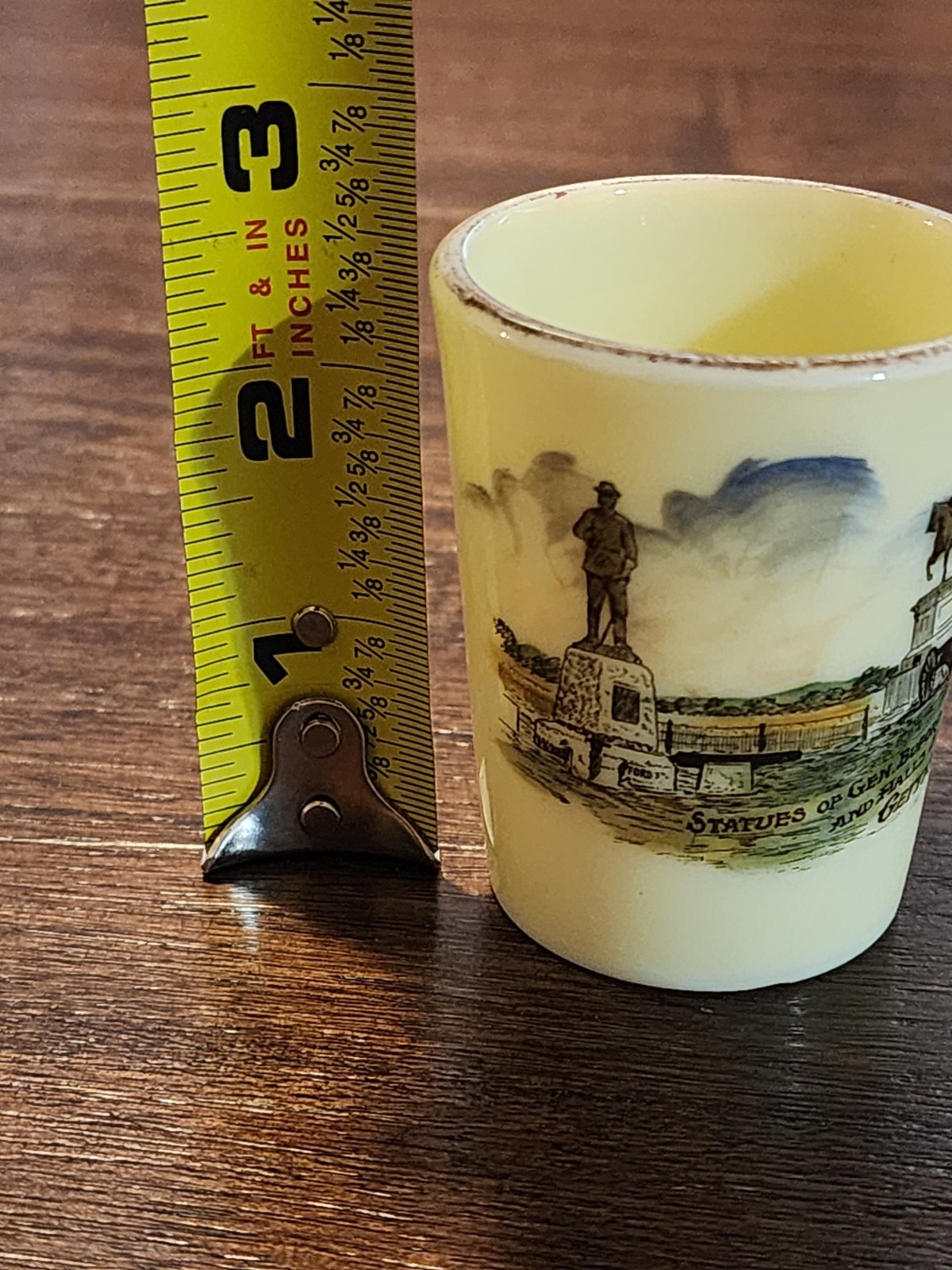 Statues Of Generals Buford Etc. Custard Glass Cup Souvenir -GETTYSBURG PA 2.5″