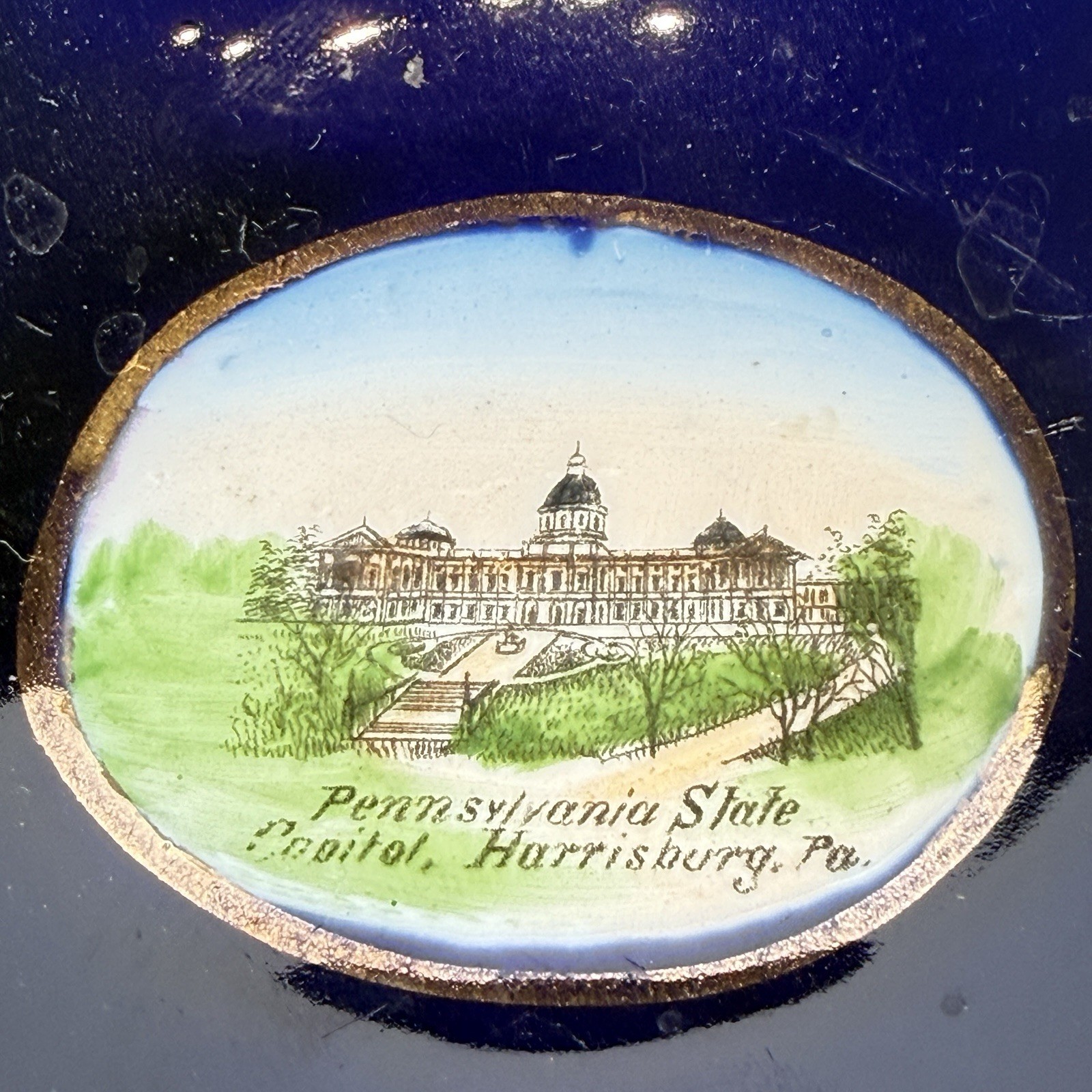 HARRISBURG PA Pennsylvania CAPITOL Antique COBALT Souvenir TRINKET DISH
