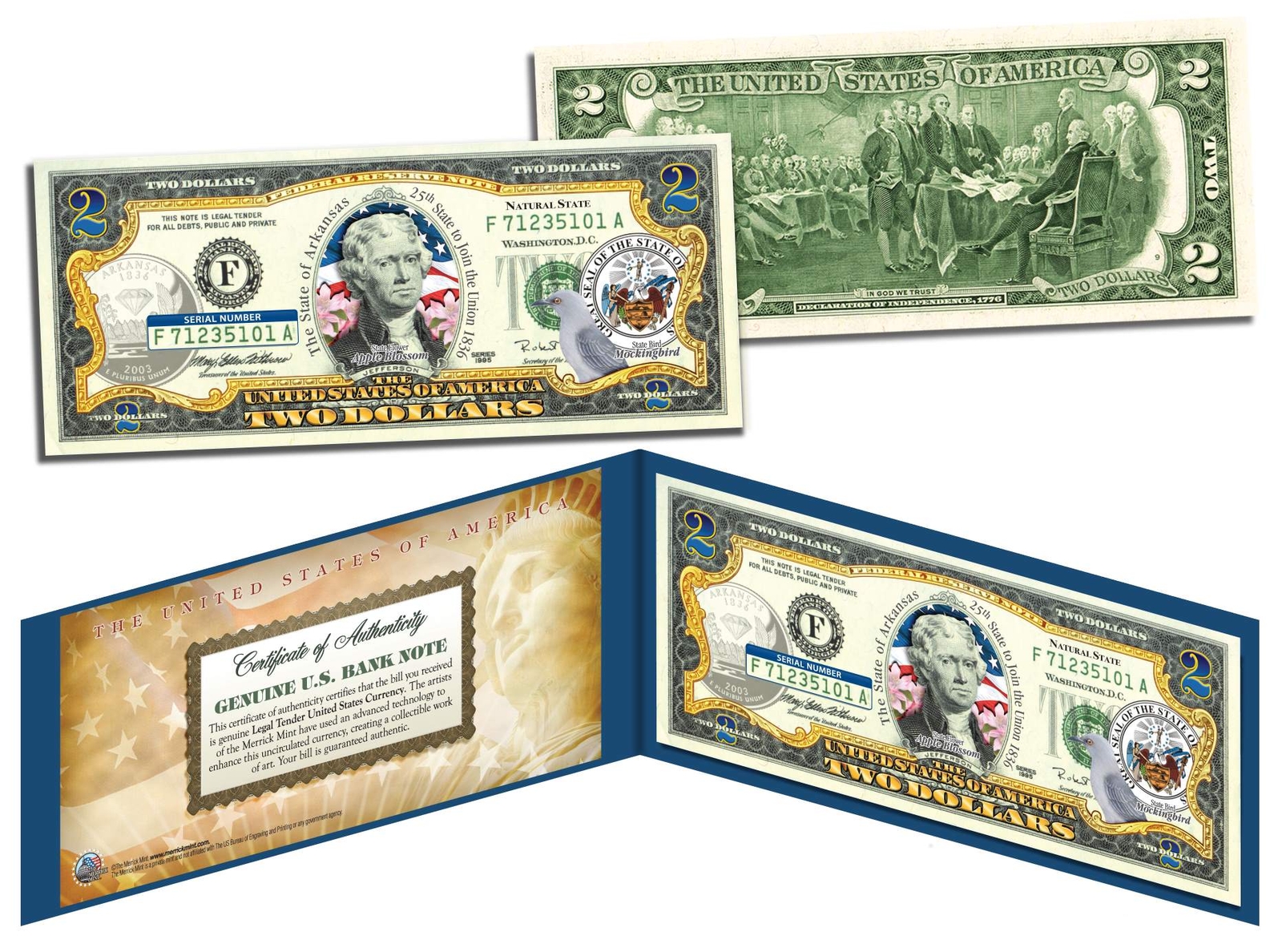 ARKANSAS $2 Statehood AR State Two-Dollar US Bill *Genuine Legal Tender* w/Folio