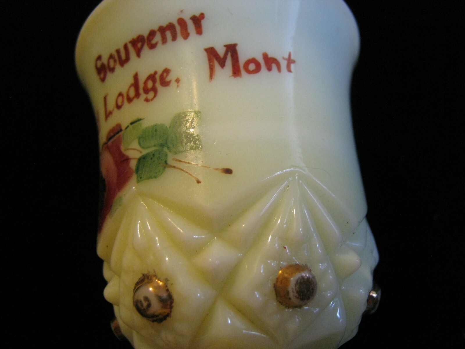 RED LODGE MONTANA 4″ Cordial by Jefferson Custard Glass Diamond w/ Peg 1904-1915