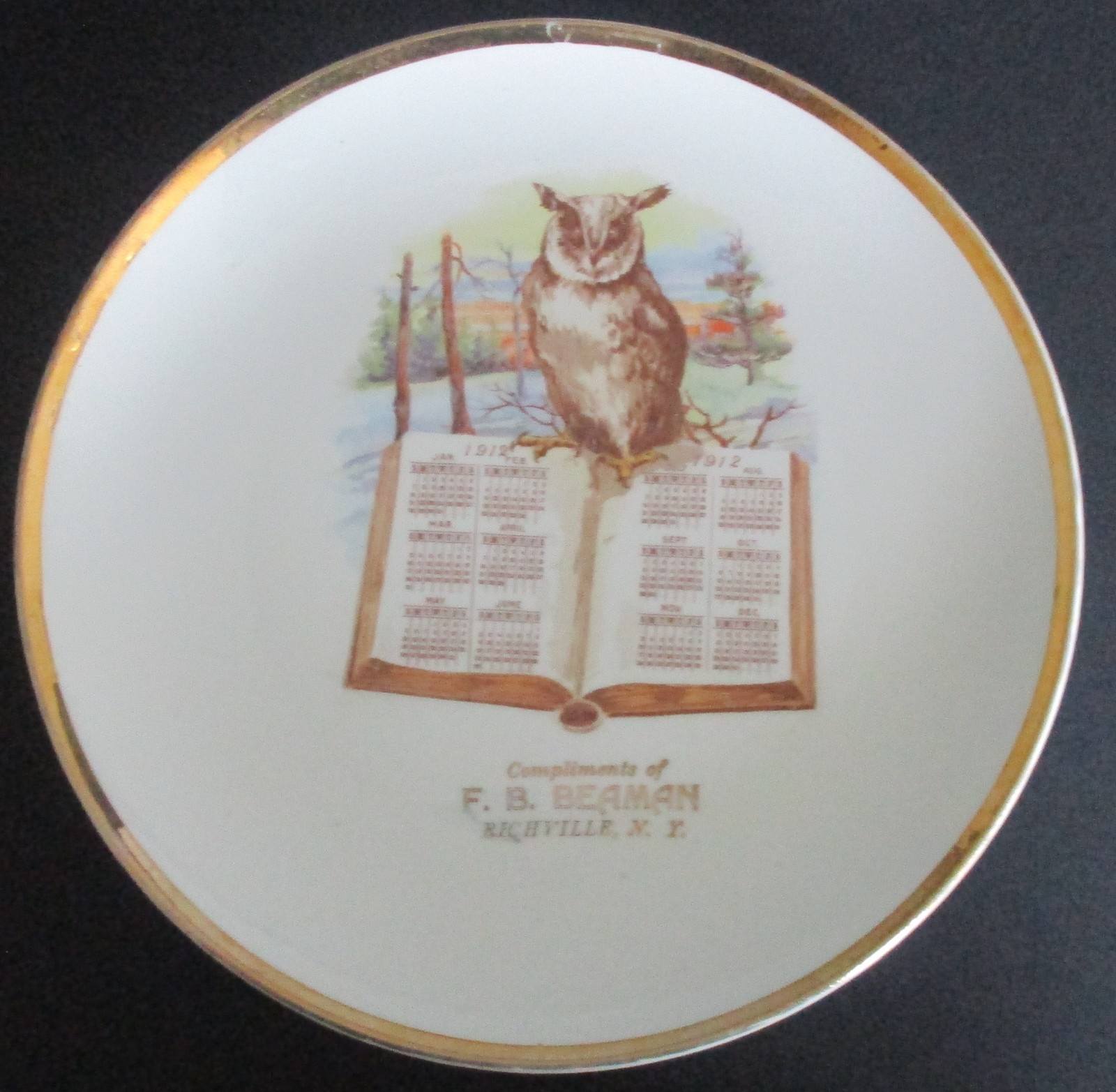 1912 Souvenir Advertising Owl Calendar Plate Richville St Lawrence Cty New York
