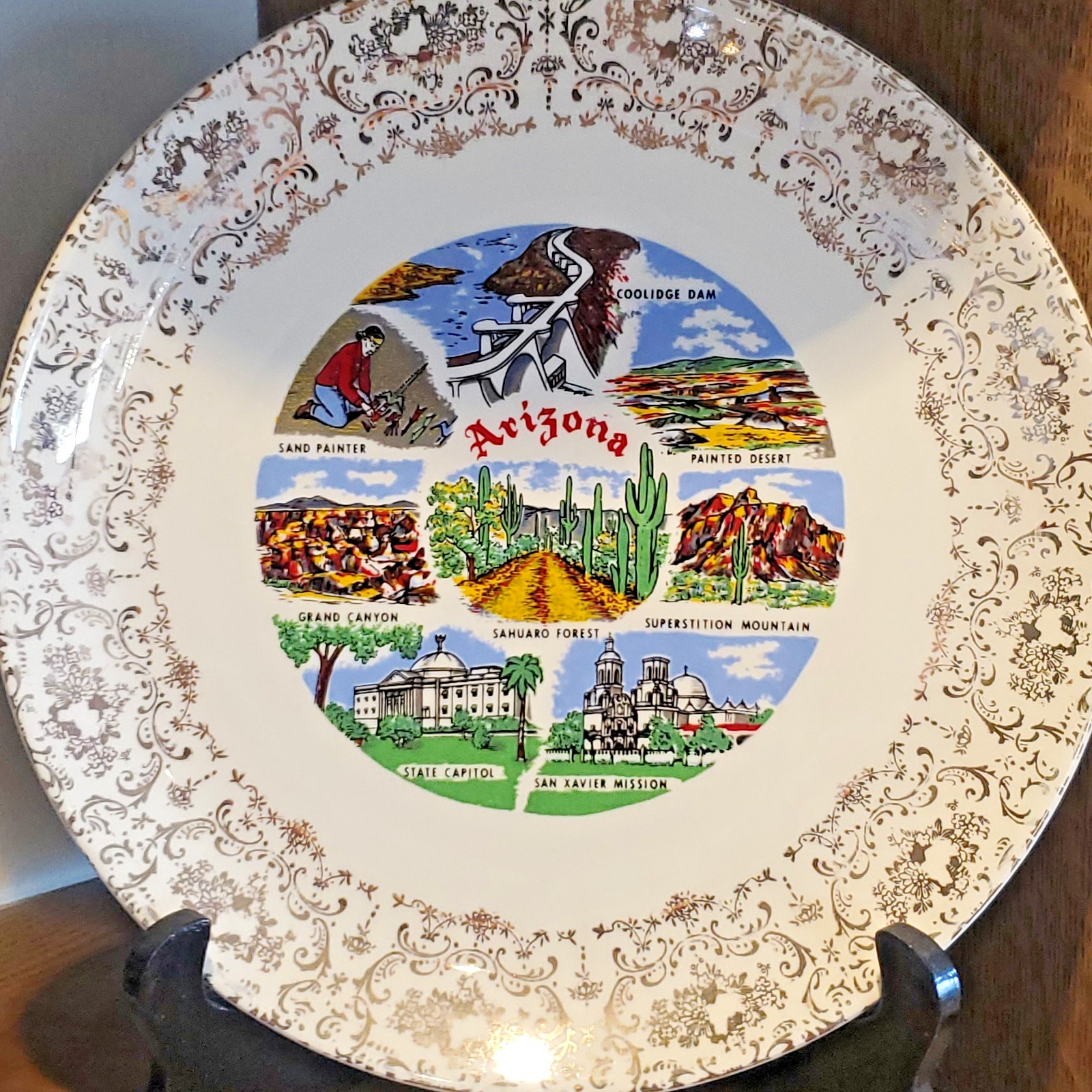 Vintage Arizona Souvenir State Plate 10″ Sahuaro Coolidge Dam San Xavier Mission