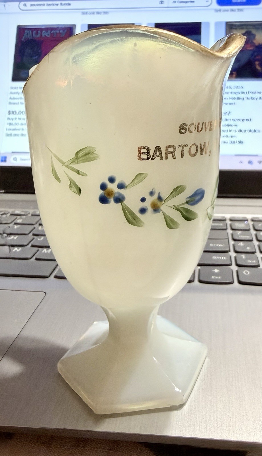 Vtg Bartow Florida EAPG Opaline Souvenir Glass Creamer Handpainted Polk County
