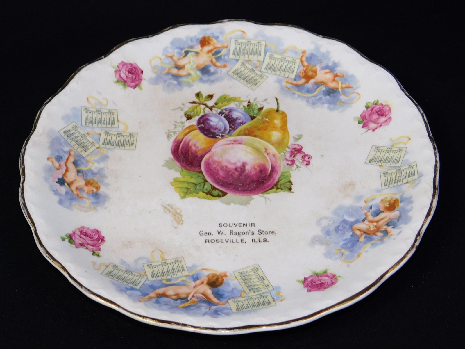 Antique 1911 Geo. W. Ragon’s Store Roseville IL Calendar Souvenir Plate 9.5″