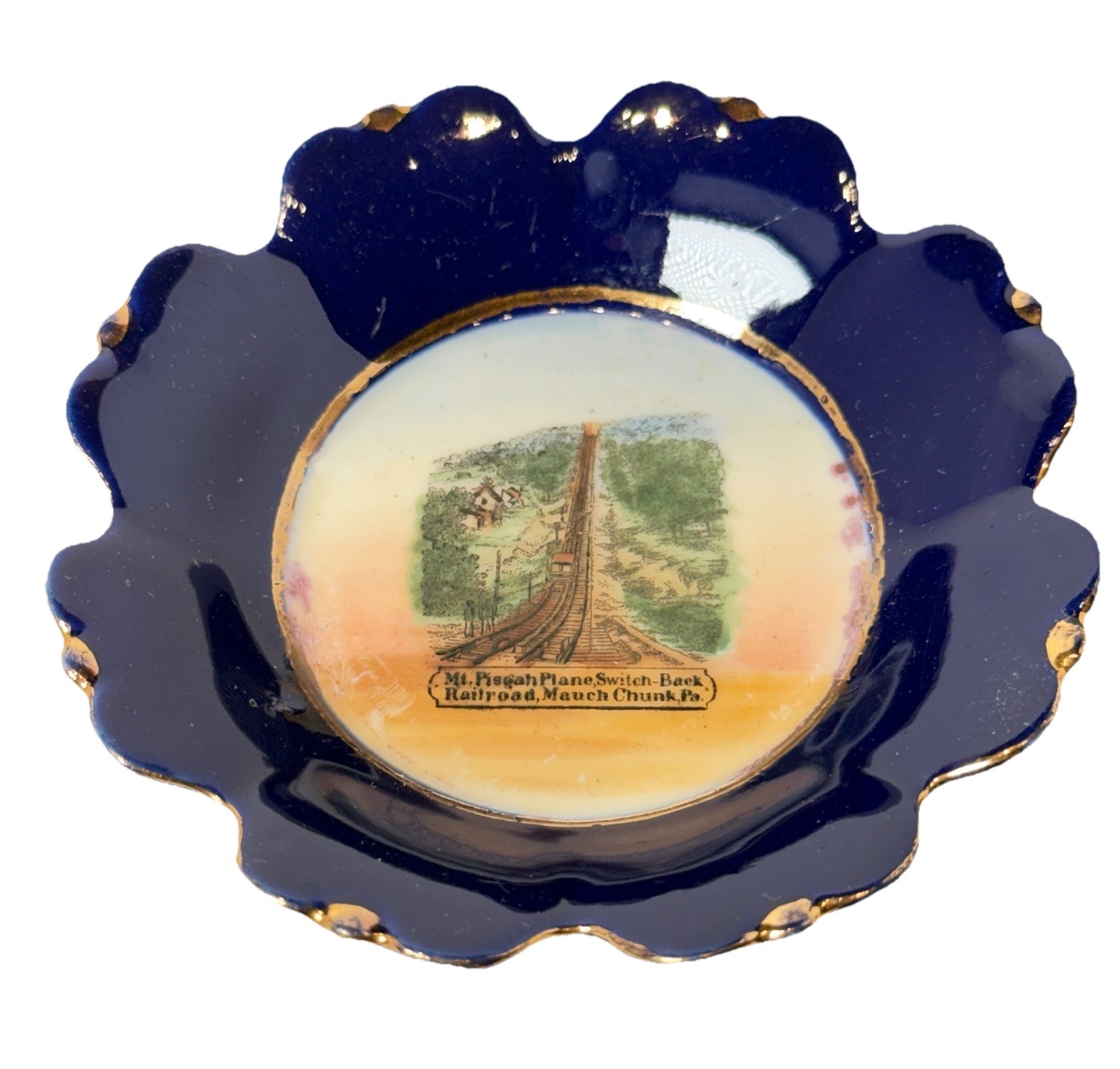 Mauch Chunk Pennsylvania PA Antique RAILROAD Souvenir COBALT TRINKET DISH